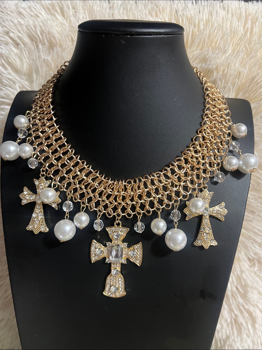 Gold Pearl Cross Statement Necklace